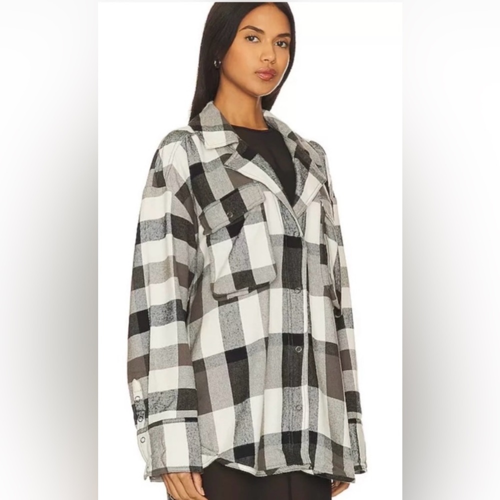 Free People We The Free Izzie Cargo Shirt Flannel NWT Medium Black and White